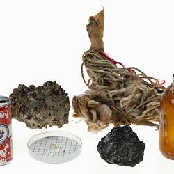 Deep sea garbage collected during the Museums Victoria and partners 'Sampling the Abyss' voyage on the RV <em>Investigator</em>: McEwans beer can, beer bottle and paint chips, rock, mop head and clinker from a steam ship.
