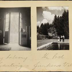 Two black and white photos on off-white page. Handwritten text. Features open door and people by pool.