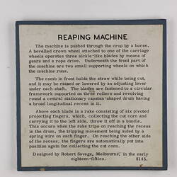 Exhibition Label - Reaping Machine, Museum of Applied Science / Institute of Applied Science, Melbourne, circa 1960