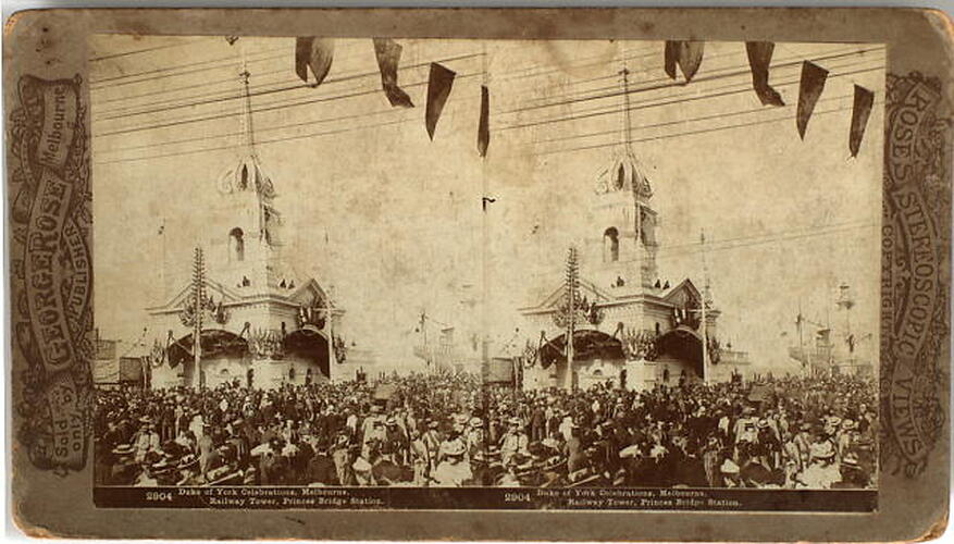 Stereograph - Railway Tower, Princes Bridge Station, Federation Celebrations, 1901