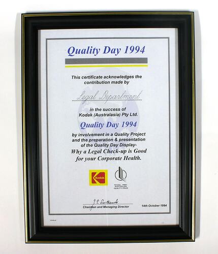 Certificate - Kodak Quality Day, Framed, 1994