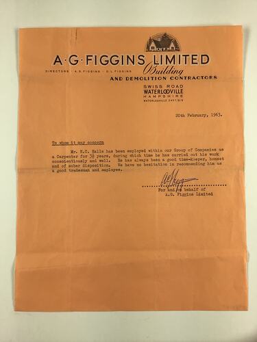 Orange page with black printed letterhead and text. Signed.