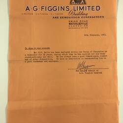 Reference - Hubert Halls from A.G. Figgins Ltd, Waterlooville, England, 20 Feb 1963