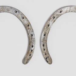 Two metal horse shoes.