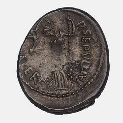 Irregular round coin. Woman stands, faces left. Holds smalled, winged figure in right hand and sceptre with star in left. Text around.