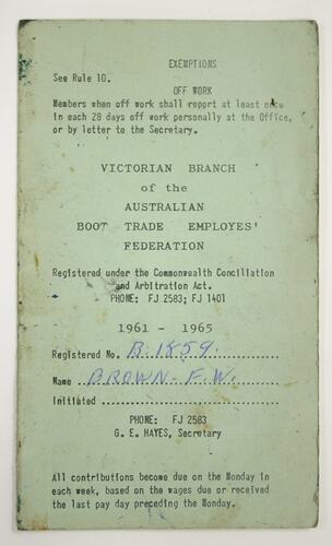 Contribution Card - The Australian Boot Trade Employes' Federation, Victorian Branch
