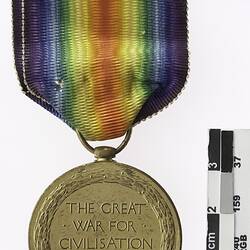 Round gold coloured medal with text in centre, wreath surrounding and rainbow ribbon attached.