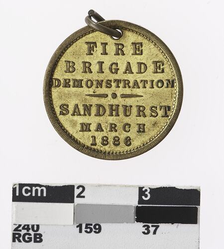 Round gold coloured medal with text.