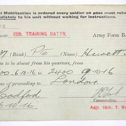 Leave Pass - Private Thomas Joseph Hewitt, 6 Oct 1916