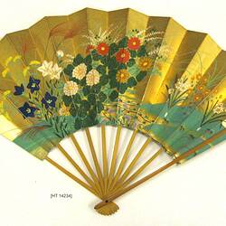 HT 14234 Fan - gold and green with flowers