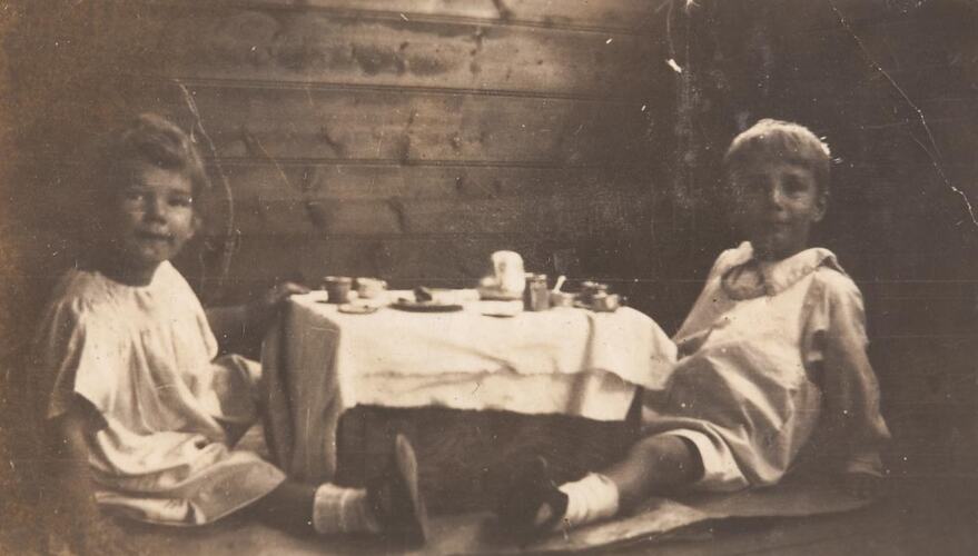 Digital Photograph - Two Children Having Tea Party, Hawthorn, 1925