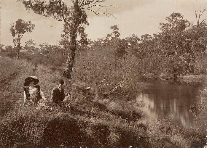 Digital Photograph - Man, Woman & Dog Sitting on Banks of Yarra River, Studley Park, circa 1913