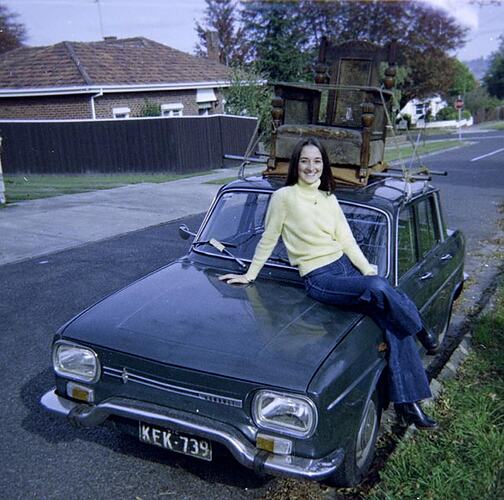 Digital Photograph - Woman Sitting on Bonnet of Renault Car, Balwyn North, 1977