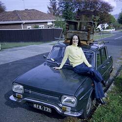 Digital Photograph - Woman Sitting on Bonnet of Renault Car, Balwyn North, 1978