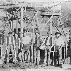 Miners in Front of Horse Whim & Mine Shaft Poppet Head, Glenpatrick, Victoria, circa 1880