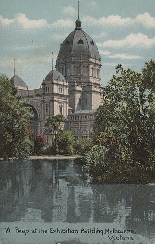 Postcard - 'A Peep at the Exhibition Building', Southern Facade, Exhibition Building, Melbourne, circa 1905