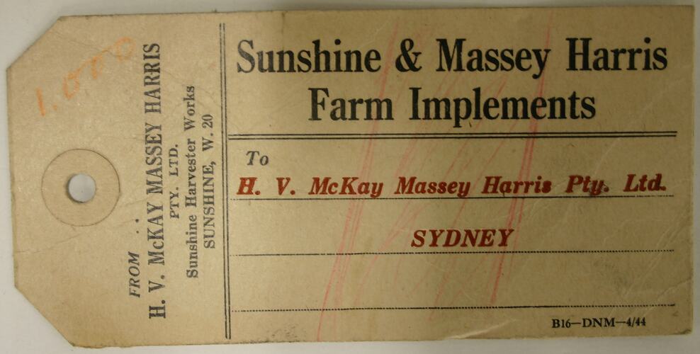 Tag - H.V. McKay Massey Harris, Sydney