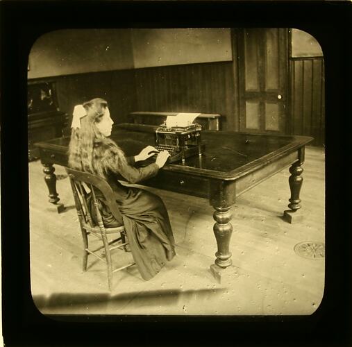 Lantern Slide - Royal Victorian Institute for the Blind, Woman Typing, circa 1900