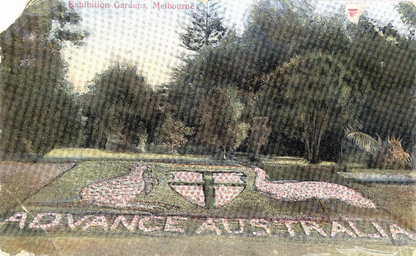 Postcard - 'Advance Australia', Carlton Gardens, EW Cole Book Arcade, Melbourne, 1917