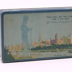 Metal tin with an image of Melbourne.