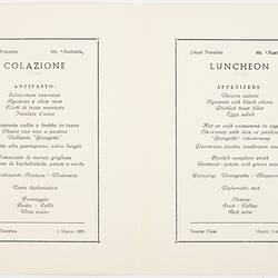 Menu - MV Australia, Lloyd Triestino Line, 3rd Mar 1955