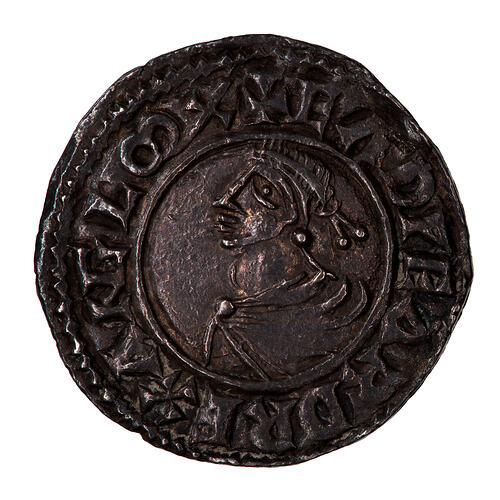 Coin, round, a diademed bust of the King facing left within a line circle, around, + EADVEARD REX ANGLORM.