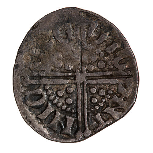 Coin, round, long cross voided which breaks through a beaded circle, a quatrefoil in each angle.