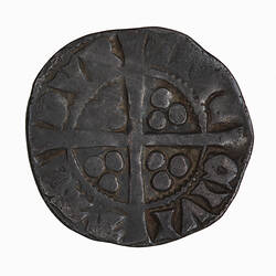 Coin, round, long cross with three pellets in each angle; text around outside a circle, CVI TAS DVN EME.