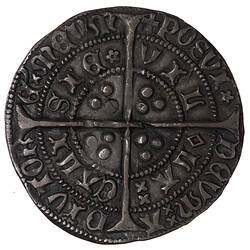 Coin, round, long cross pattee dividing legend; text around in two concentric circles.