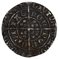 Coin, round, long cross pattee dividing legend; text around in two concentric circles.