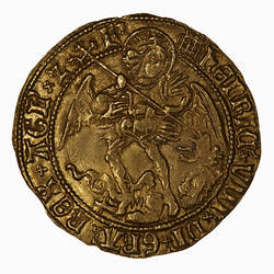 Coin, round, man standing, both feet on fallen dragon which he is spearing in the mouth; text around.