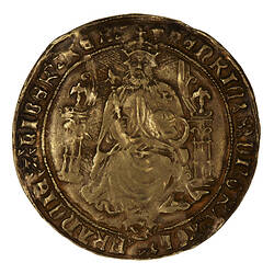 Coin, round, The King enthroned holding an orb and sceptre, the throne birds on its pillars; text around.