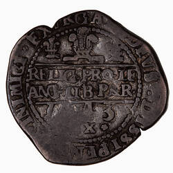 Coin, round, within a beaded circle, three plumes the central one being large; text below and around.