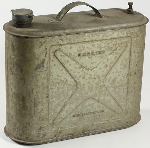 Metal rectangular fuel tin, 2 gallon (7.57 litre) capacity. Raised 'X' pattern on side.