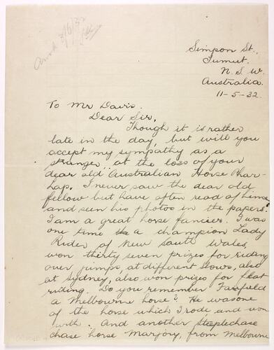 Letter - Clemson to Davis, Phar Lap's Death, 11 May 1932