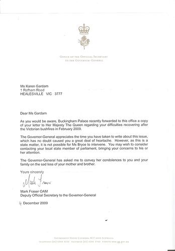 Letter - Governor-General to Karen Gardam, 4 December 2009