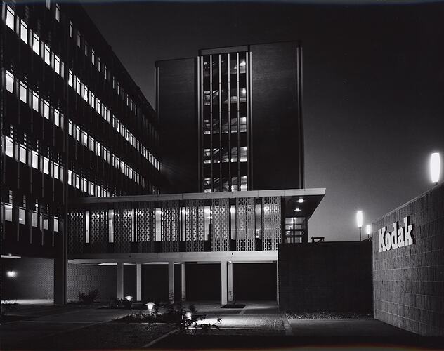 Photograph - Kodak Australasia Pty Ltd, Exterior View at Night of Building 8, Head Office & Sales & Marketing at the Kodak Factory, Coburg, circa 1965