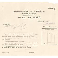 Memo - Department of Defence Paymaster to Mrs A. J. Kemp, 'Advice to Payee', 16 Jul 1920