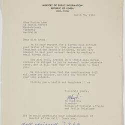 Letter - Yu Dong Min to Monica Aron, Request for National Doll, Seoul, 30 Mar 1964