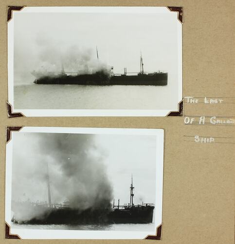 Two photos, ship on fire in the ocean, smoke coming from the ship.