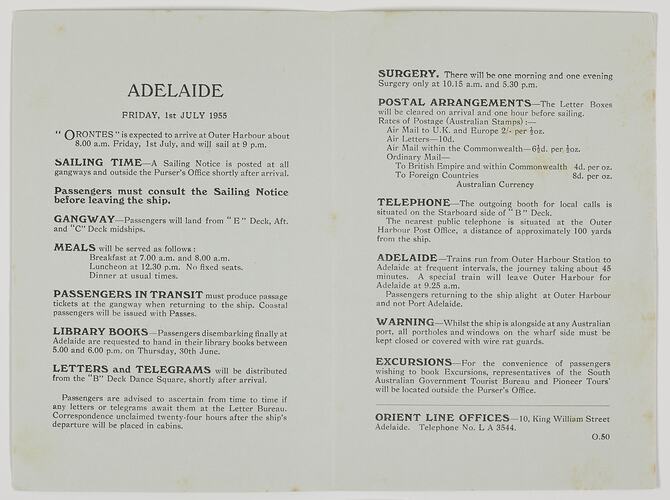 Leaflet - 'Adelaide', Orient Line