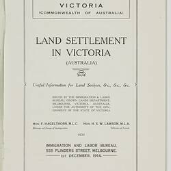 Immigration & Labor Bureau booklet titled, "Land Settlement in Victoria, Australia".