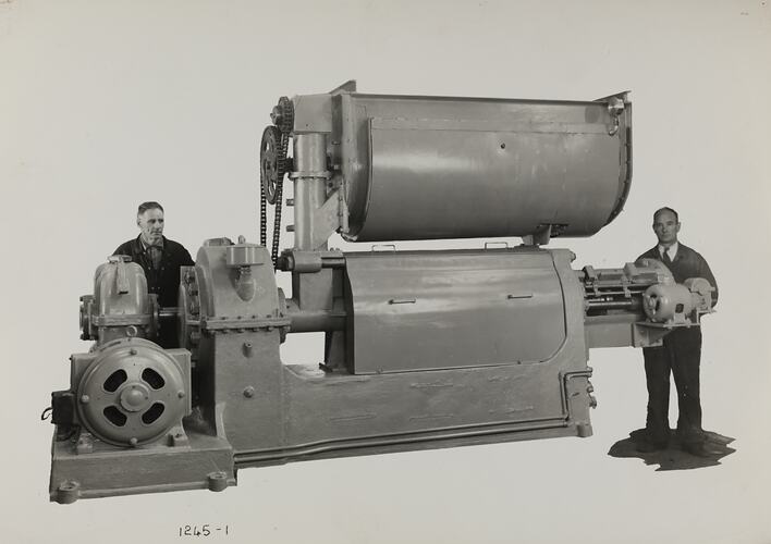 Photograph - Schumacher Mill Furnishing Works, Men Stand with Machine, Port Melbourne, Victoria, circa 1940s