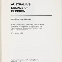 Booklet - A. J. Grassby, 'Australia's Decade of Decision', 1973
