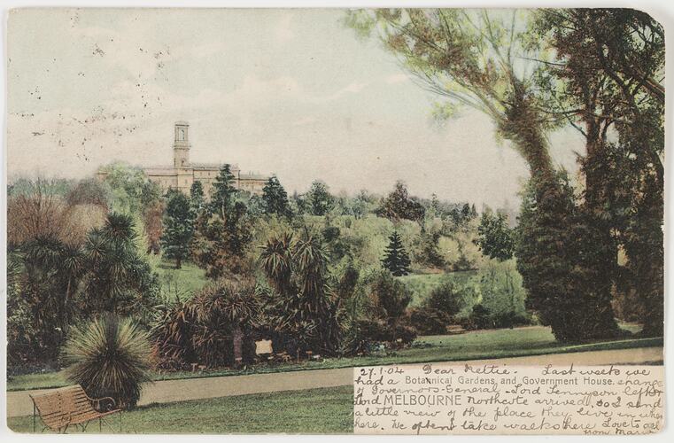 Postcard - Botanical Gardens and Government House, Melbourne, To Nettie Scott from Marion Flinn, Melbourne, 27 Jan 1904