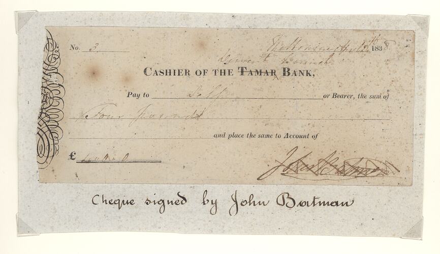 Cheque - John Batman, Melbourne, Tamar Bank, Derwent Branch, Victoria, Australia, 1838