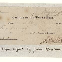 Cheque - John Batman, Melbourne, Tamar Bank, Derwent Branch, Victoria, Australia, 27 Apr 1838