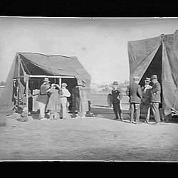 Glass Negative - Visitors Inspecting Huts, Solar Eclipse Expedition, Goondiwindi, Queensland, Sep 1922