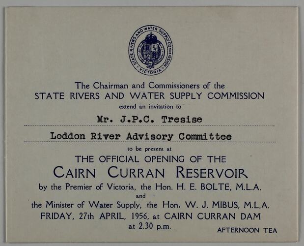 Rectangular white card with dark blue printed text and S.R.& W.R.C. crest at top.