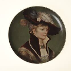 Cabinet Plate - Germany Lady, Feather Hat & Pearls, Royal Vienna Style Porcelain, after Wilhelm Menzler, circa 1880